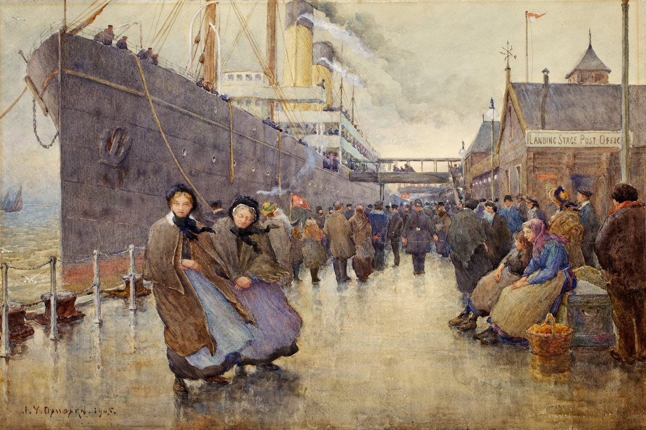 O dia de partida, Liverpool Landing Stage, 1905 (wc no papel) de Joseph Yelverton Dawbarn