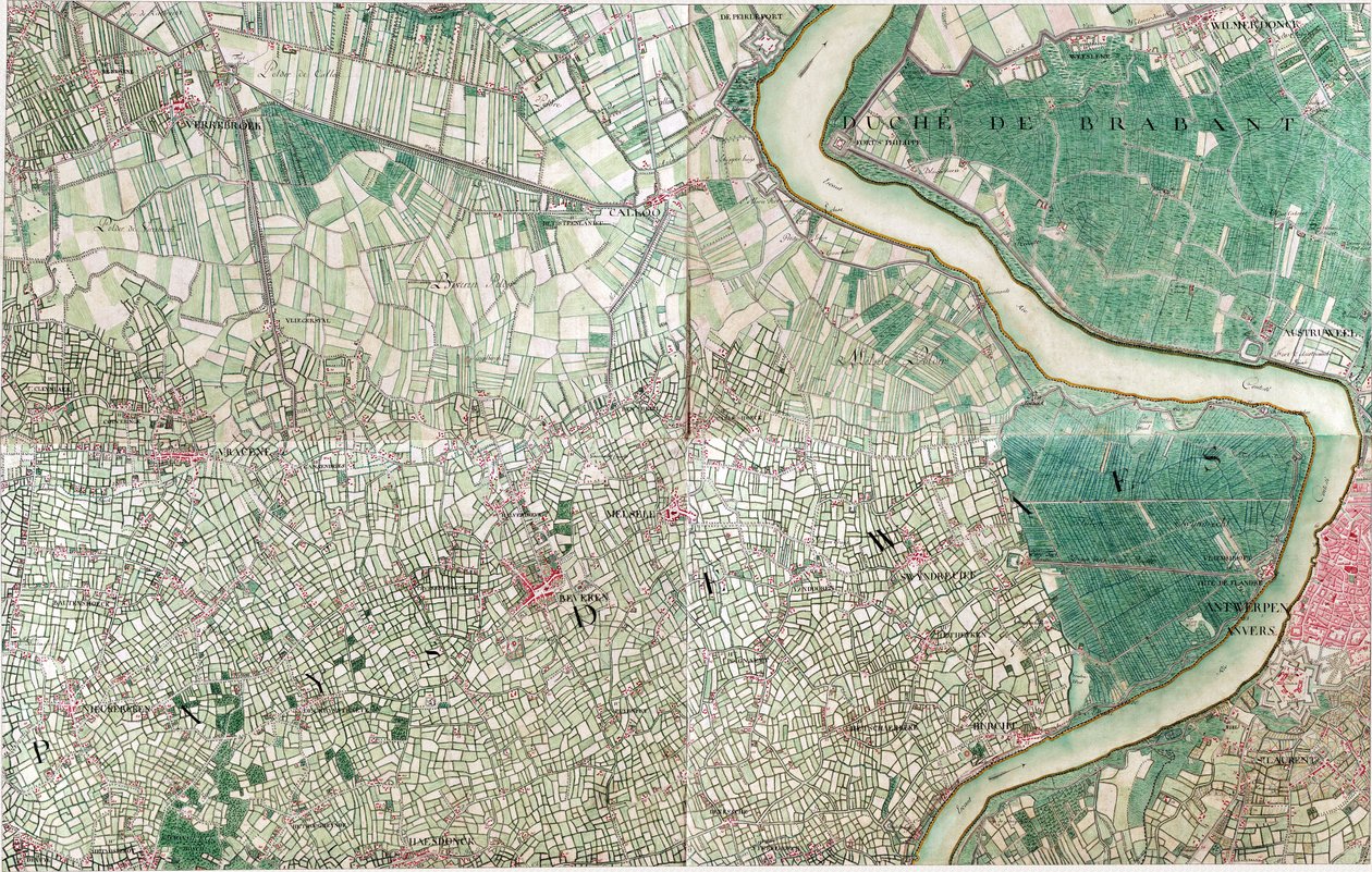 Mapa da Antuérpia, Bélgica de Joseph de Ferraris