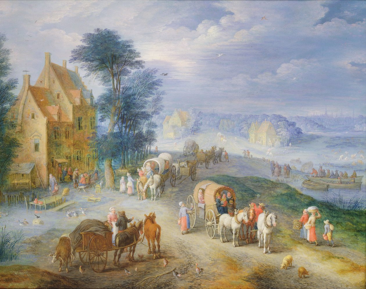 Paisagem com camponeses, carros e uma balsa (óleo em cobre) de Joseph van Bredael
