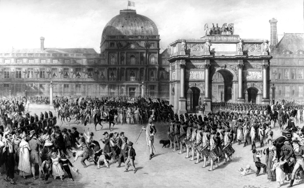 Representação de uma Revisão Militar durante o Primeiro Império Francês em 1810, em frente aos Tuileries. 1862 (óleo sobre tela) de Joseph Louis Hippolyte Bellange