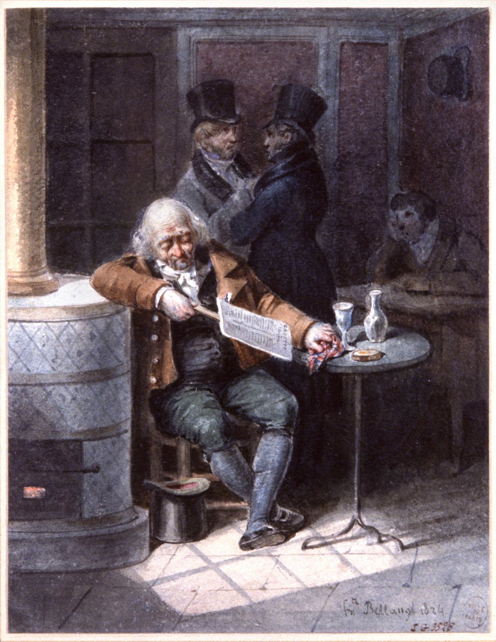 Velho a ler jornal num café, Paris de Joseph Louis Hippolyte Bellange