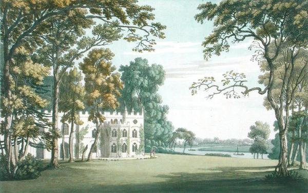 A Casa, jardins e lago em Strawberry Hill, gravada por J.C. Stadler (fl.1780-1812), publicada em 1793 (gravura colorida) de Joseph (after) Farington