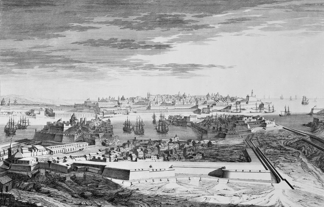 Uma vista da cidade de Malta ao lado do Cotonere, c.1750 (gravura) de Joseph (after) Goupy