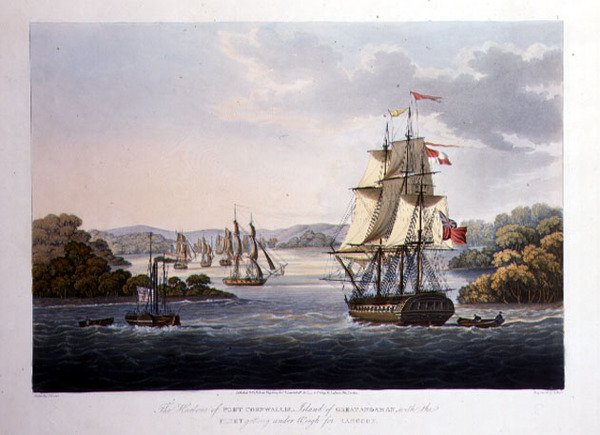 O Porto de Port Cornwallis. Ilha do Grande Andaman, com a Frota que Pesa por Rangum, gravada por G. Hunt, pub. por Kingsbury & Co., Londres de Joseph (after) Moore
