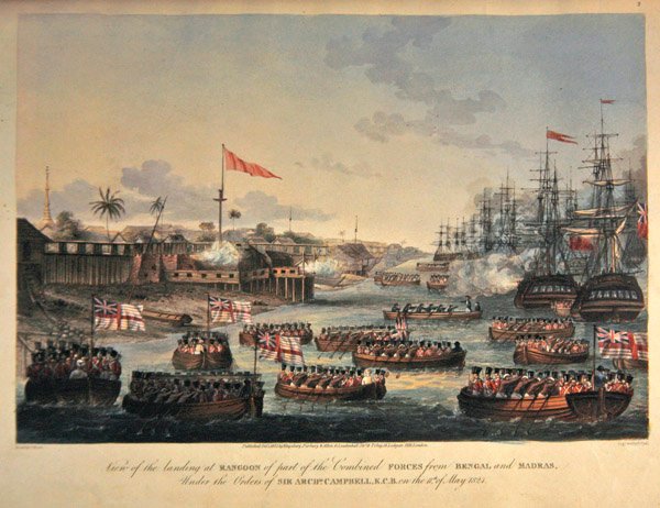 Vista do desembarque em Rangoon de parte das forças combinadas de Bengala e Madras, sob as ordens de Sir Archibald Campbell, em 11 de Maio de 1825, gravada por Henry Pyall (1795-1833) 1825 (aquatint colorido à mão) de Joseph (after) Moore