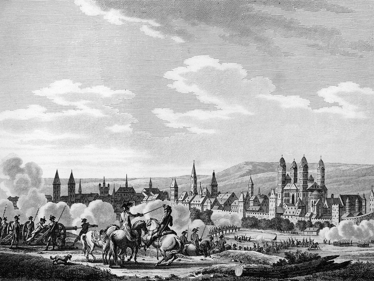 Revolução Francesa e Movimento Anti-Revolucionário Prussiano: Captura da Cidade de Speyer (Speyer alemão) em Outubro de 1792, Alemanha. Gravação por Berthaut depois de Swebach. Paris, Biblioteca do Instituto de História da Revolução de Joseph (after) Swebach Desfontaines