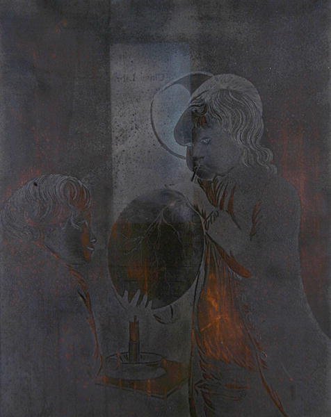 Placa para Dois Rapazes a Soprar uma Bexiga à Luz de Velas, aquatada por Peter Perez Burdett (1735-93) (aquatint) (ver 272306) de Joseph (after) Wright of Derby