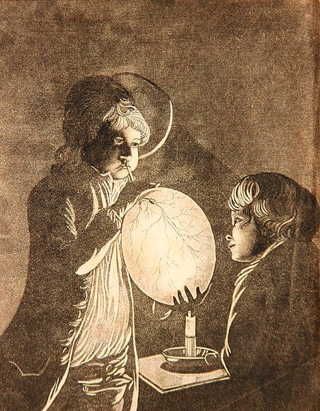 Two Boys Blowing a Bladder by Candlelight, aquatinted by Peter Perez Burdett (1735-93) (aquatint) de Joseph (after) Wright of Derby