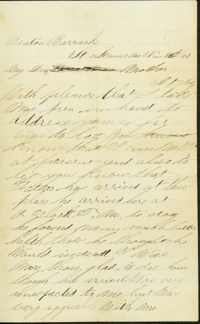Carta assinada por Joseph A. Fardell, Benton Barracks, St. Louis, Mo., à Mãe, 12 de Novembro de 1863 de Joseph A. Fardell