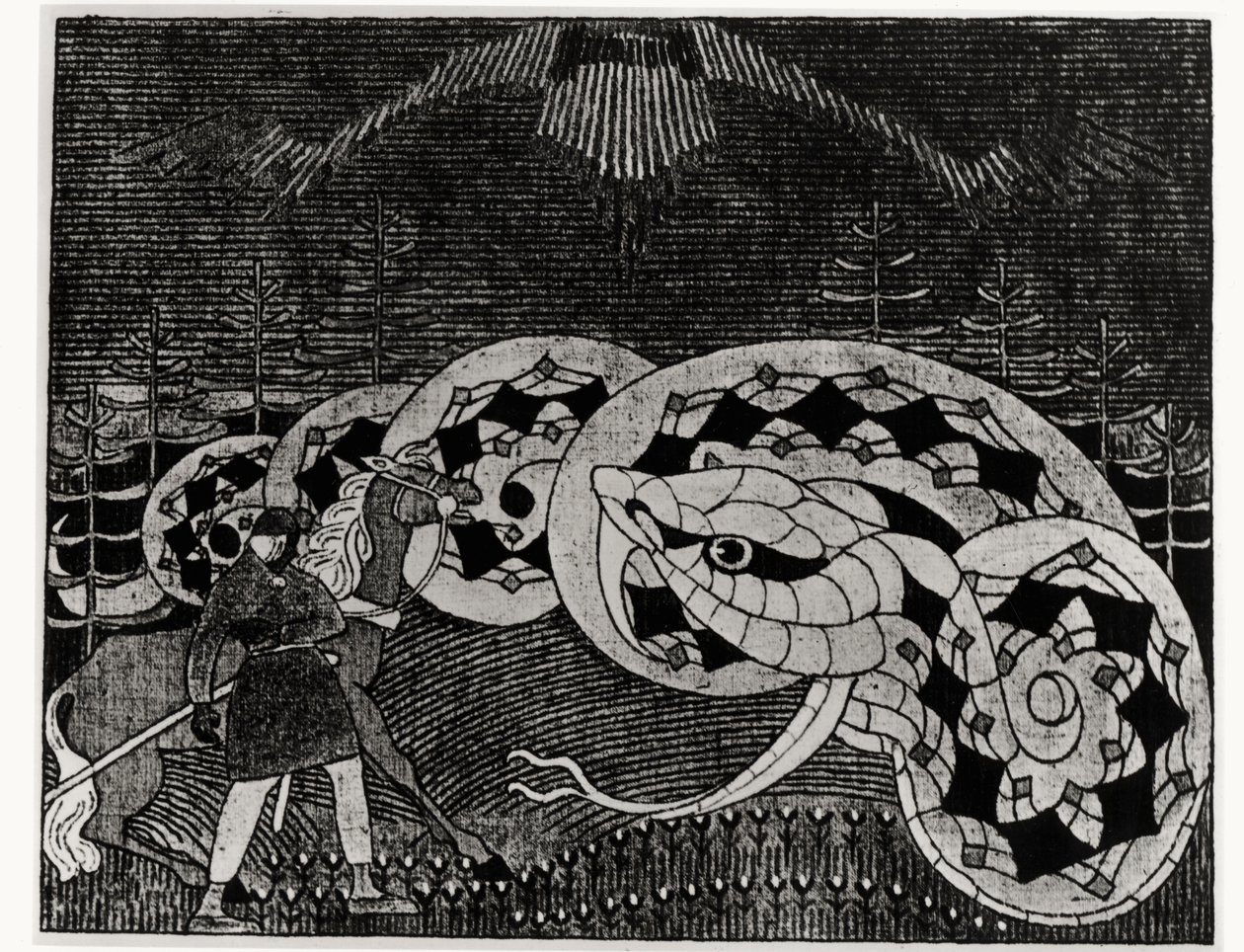 Seppo Llmarinen arando o campo de cobras, ilustração de &39;Kalevala&39; compilado e editado Elias Lonnrot (1802-84) (gravura) (foto de bw) de Joseph Alanen