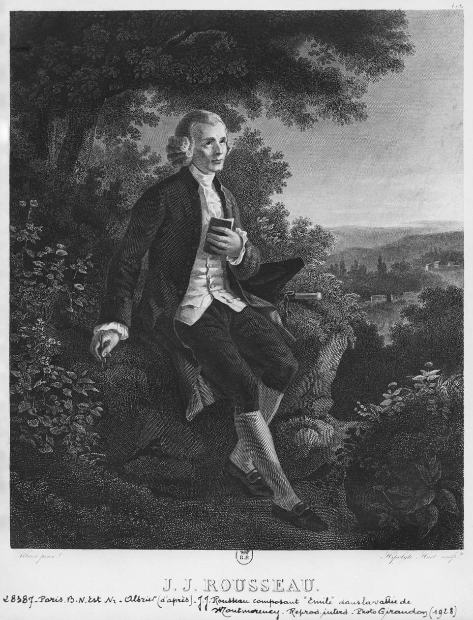 Jean-Jacques Rousseau compondo &39;Emile&39; no vale de Montmorency, gravado por Hippolyte Huet (século XIX) de Joseph Albrier