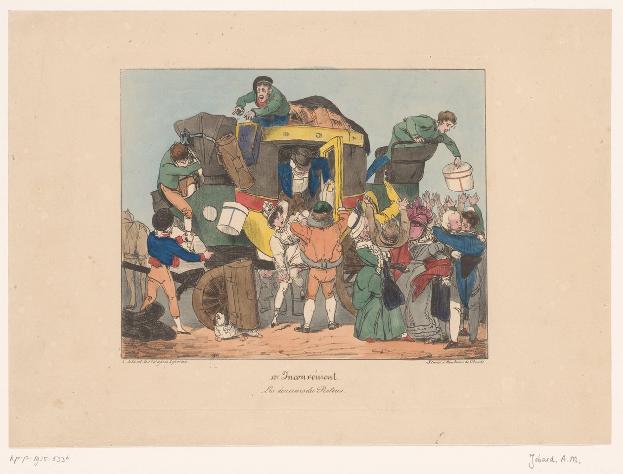 Passageiros desembarcam de ônibus após viagem de volta Les douceurs du retour (título no objeto) Desconforto (título da série) Inconveniente (título da série no objeto) de Joseph Ambroise Jobard