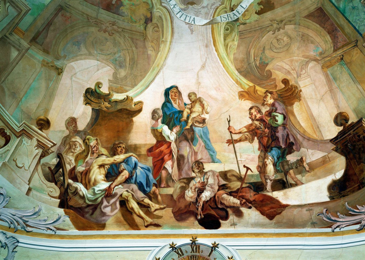 Afresco do teto da igreja de Birnau: logo abaixo da adoração dos pastores, um autorretrato do artista com uma perna enfaixada ... (afresco) de Joseph Anton (1696 1770) Feuchtmayer