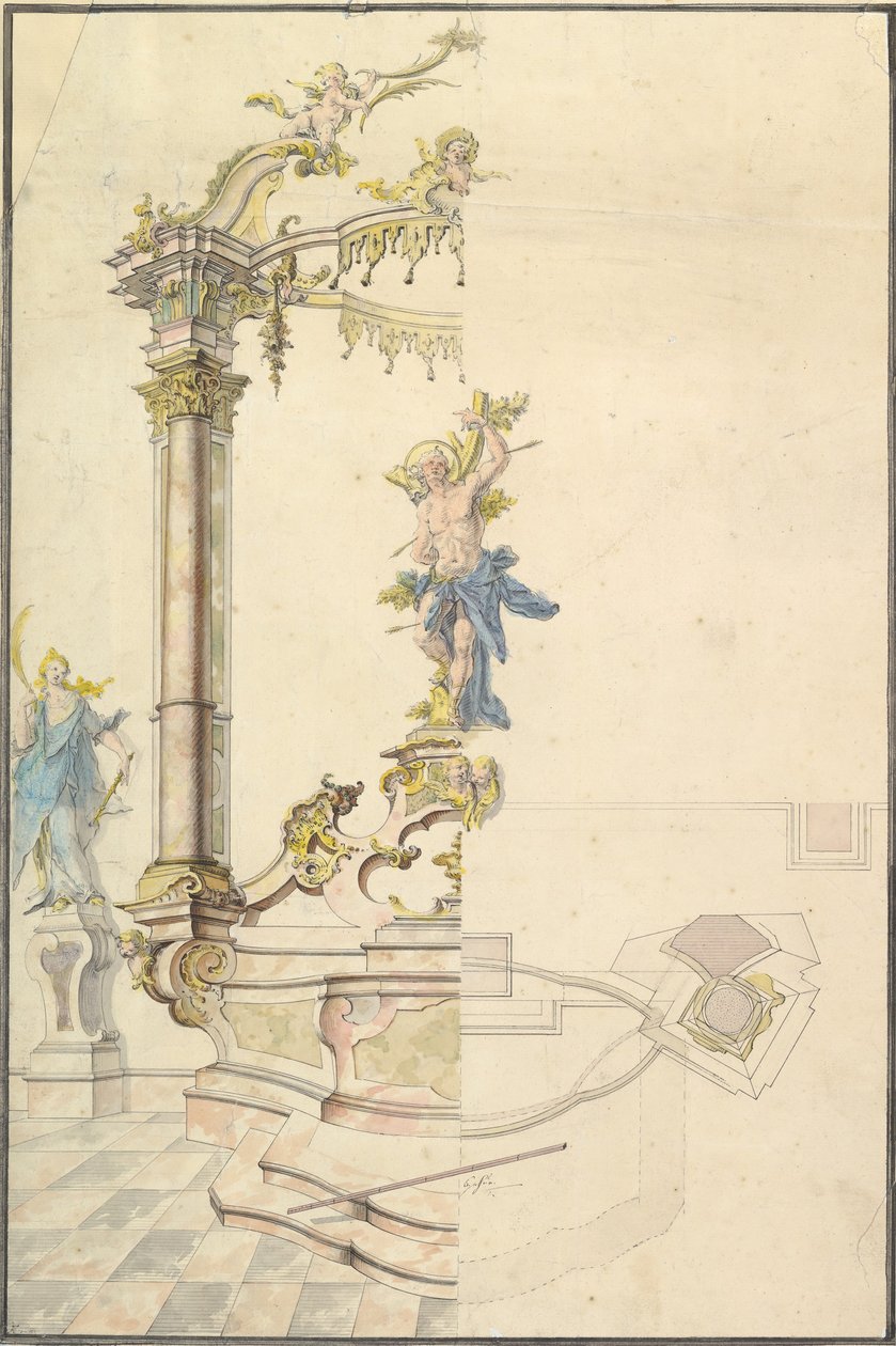 Desenho para uma peça de altar com uma figura de São Sebastião, 1741. de Joseph Anton Feuchtmayer