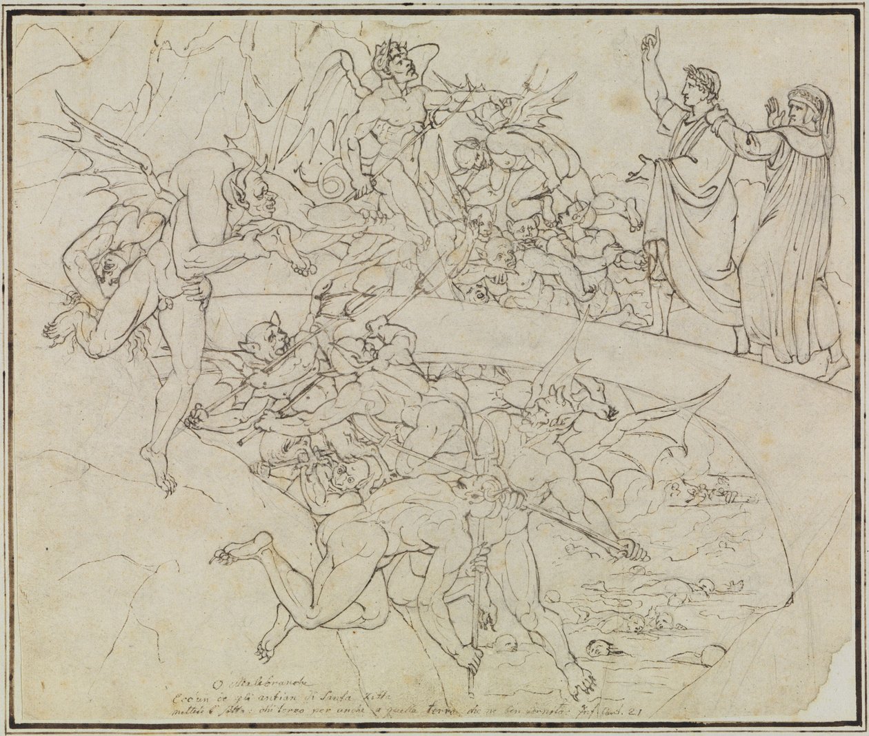 No lago de pez dos traficantes, o conselheiro de Lucca (Inferno de Dante, Canto 21, verso 34) de Joseph Anton Koch
