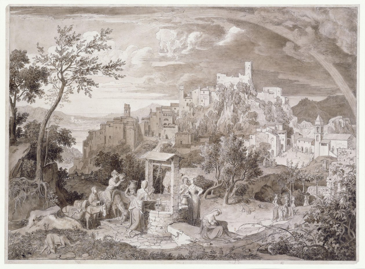 Vista da cidade de Olevano, província de Roma, Itália, com o arco-íris de Joseph Anton Koch