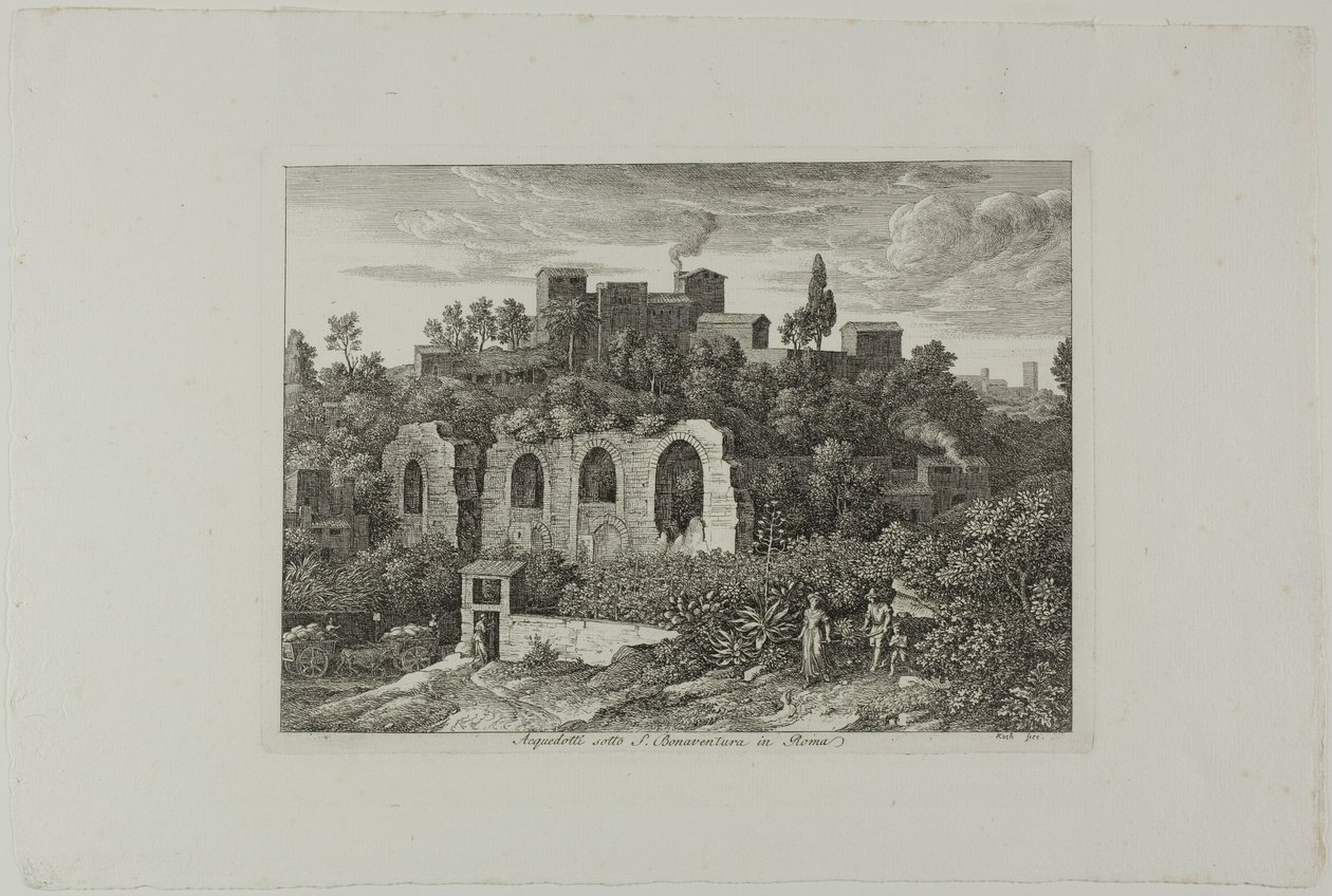 Aqueduto Abaixo do Mosteiro de São Boaventura em Roma, placa dez de Die Römische Ansichten de Joseph Anton Koch