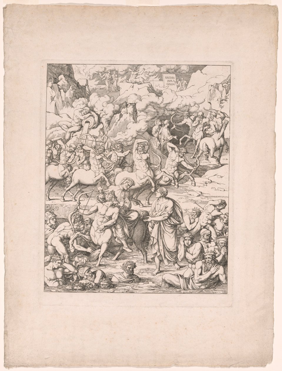 Dante atravessa o rio de sangue dos tiranos e assassinos no dorso de Nesso, o centauro de Joseph Anton Koch
