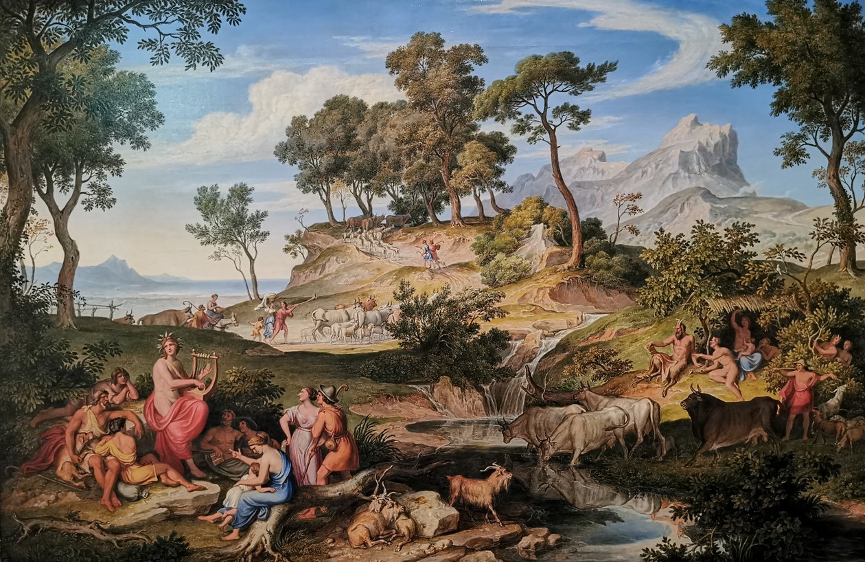 Alemão: Apollo unter den Hirten Apollo entre os pastores
 Apolo entre os pastores
 Francês:  Apollon parmi les bergers Apolo entre os pastores de Joseph Anton Koch