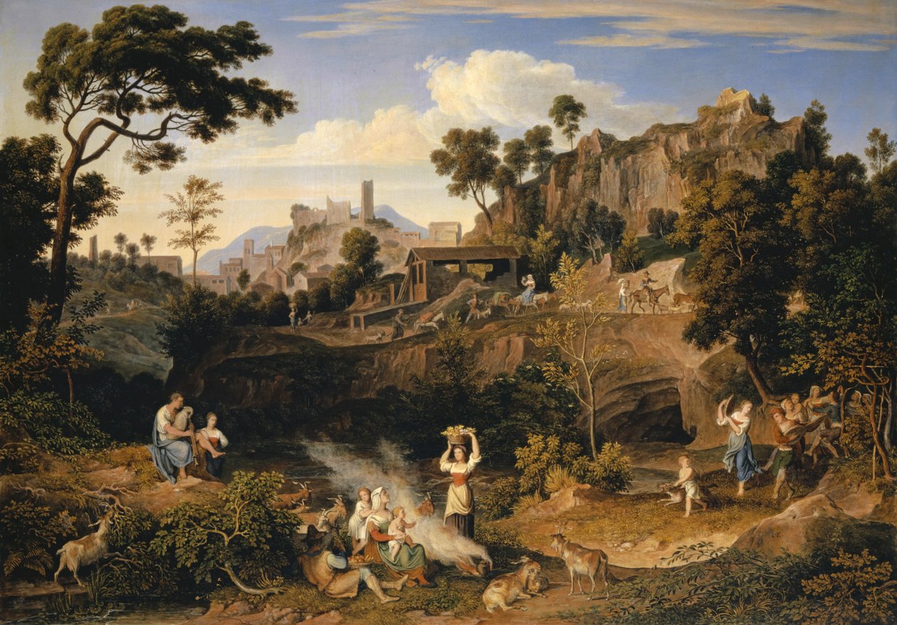 Paisagem, perto, olevano, com, um, desfile, de, dançar, camponeses, 1823-24 de Joseph Anton Koch