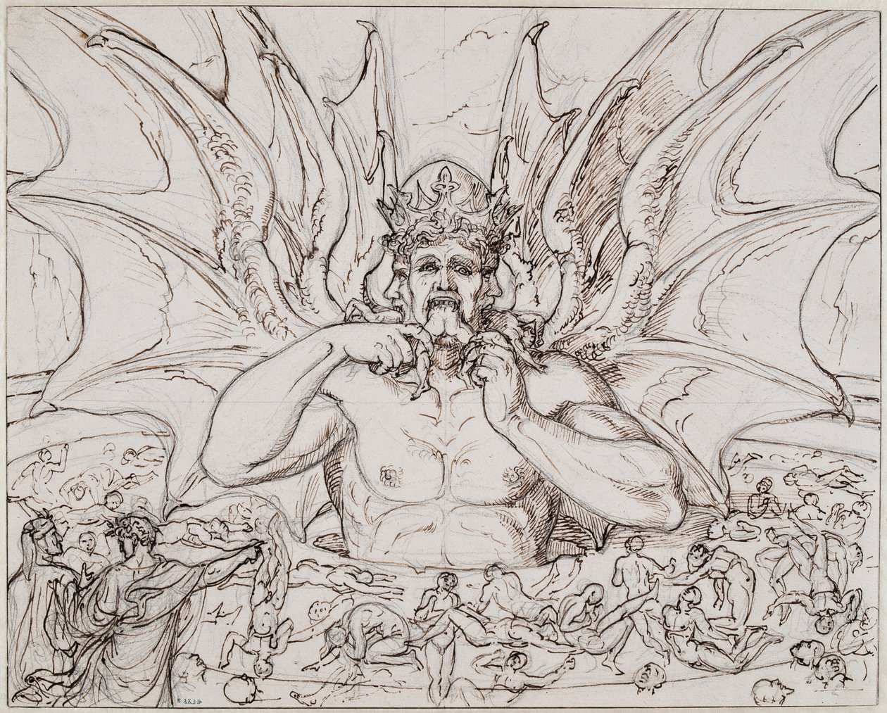 Lúcifer no centro do inferno. Ilustração para a Divina Comédia de Dante Alighieri, ca 1803. de Joseph Anton Koch