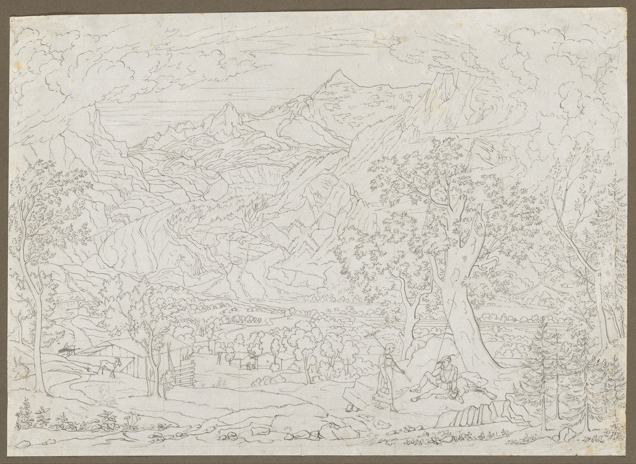 A geleira Grindelwald com Hunter e camponesa em primeiro plano, ca. 1823 de Joseph Anton Koch