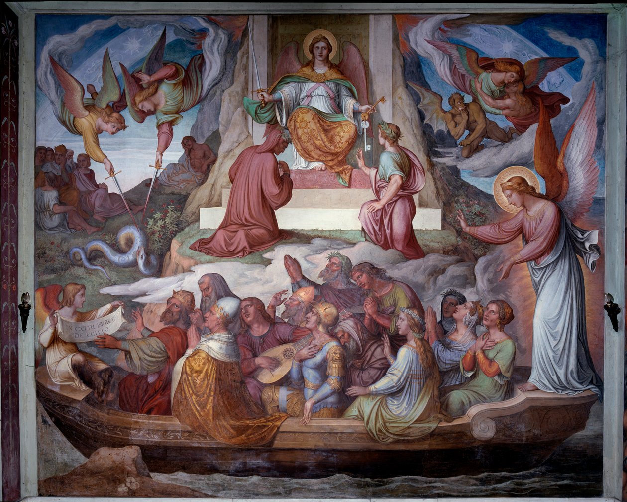 O barco das almas e a entrada de Dante e Virgil na montanha do Purgatório - Fresco de Joseph Anton Koch