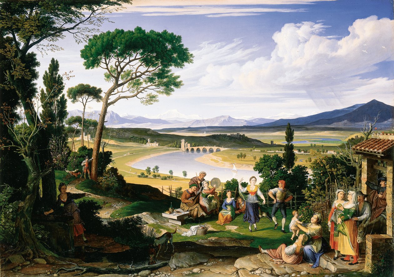 Paisagem do Tibre com folk alegre do país, 1817 de Joseph Anton Koch