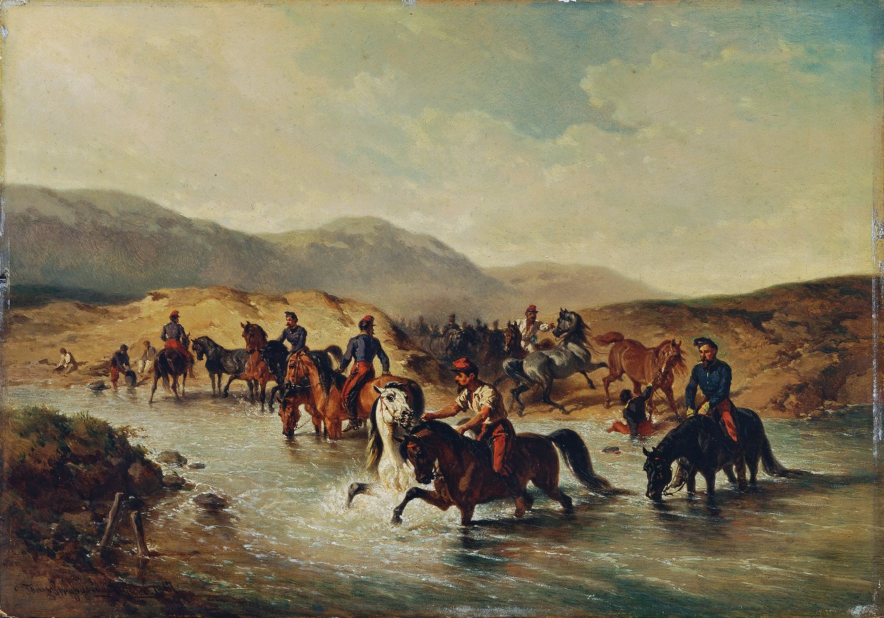 Cavalaria francesa na lagoa do cavalo de Joseph Anton Strassgschwandtner