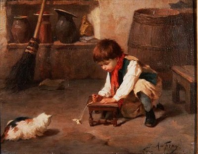 Brincando com o Gatinho (painel) de Joseph Athanase Aufray