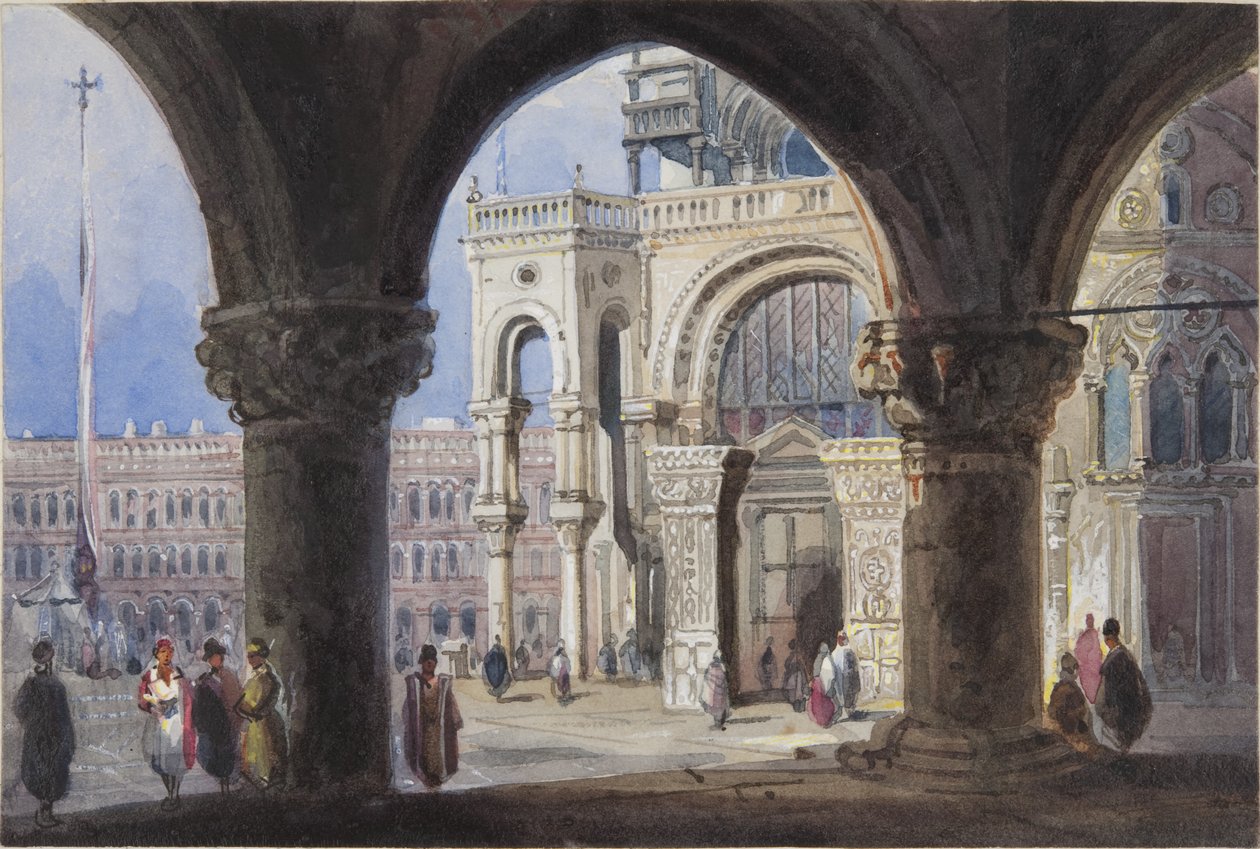Igreja e Piazza San Marc em Veneza, colado em Thomas Moodys Journal de uma turnê pela Suíça e Itália, 1822 (wc no papel) de Joseph Axe Sleap