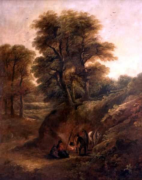 Paisagem arborizada com ciganos em volta de um incêndio (óleo sobre tela) de Joseph Barker