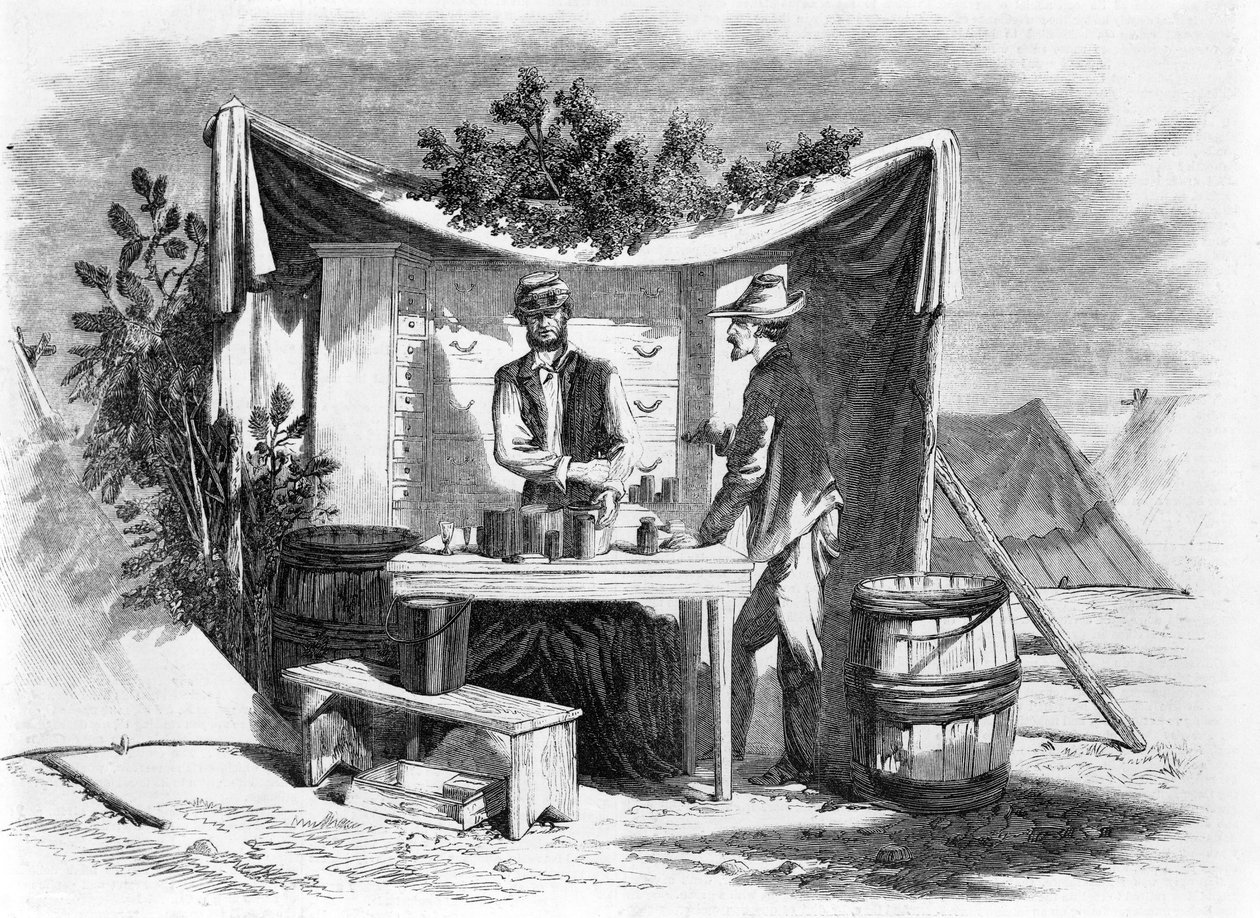 Camp Scenes - uma Drug Store do Exército - o Hospital Steward, a partir de um esboço do nosso artista especial, Joseph Becker, pub. 1864 de Joseph Becker