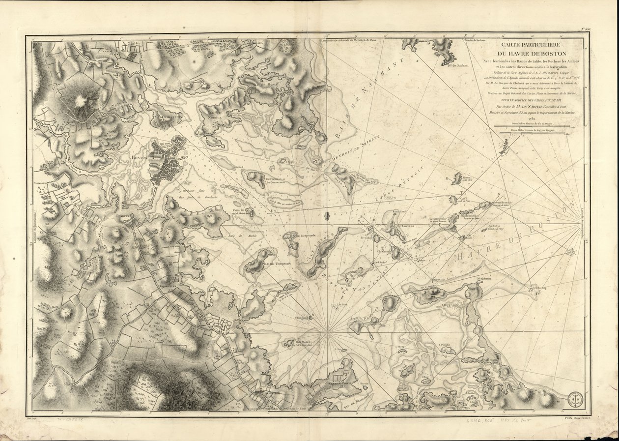 Uma carta particular do porto de Boston, mostrando as sondas, os bancos de areia, as rochas, o amaien e outras direções úteis na navegação. de Joseph Bernard; Des Barres Chabert