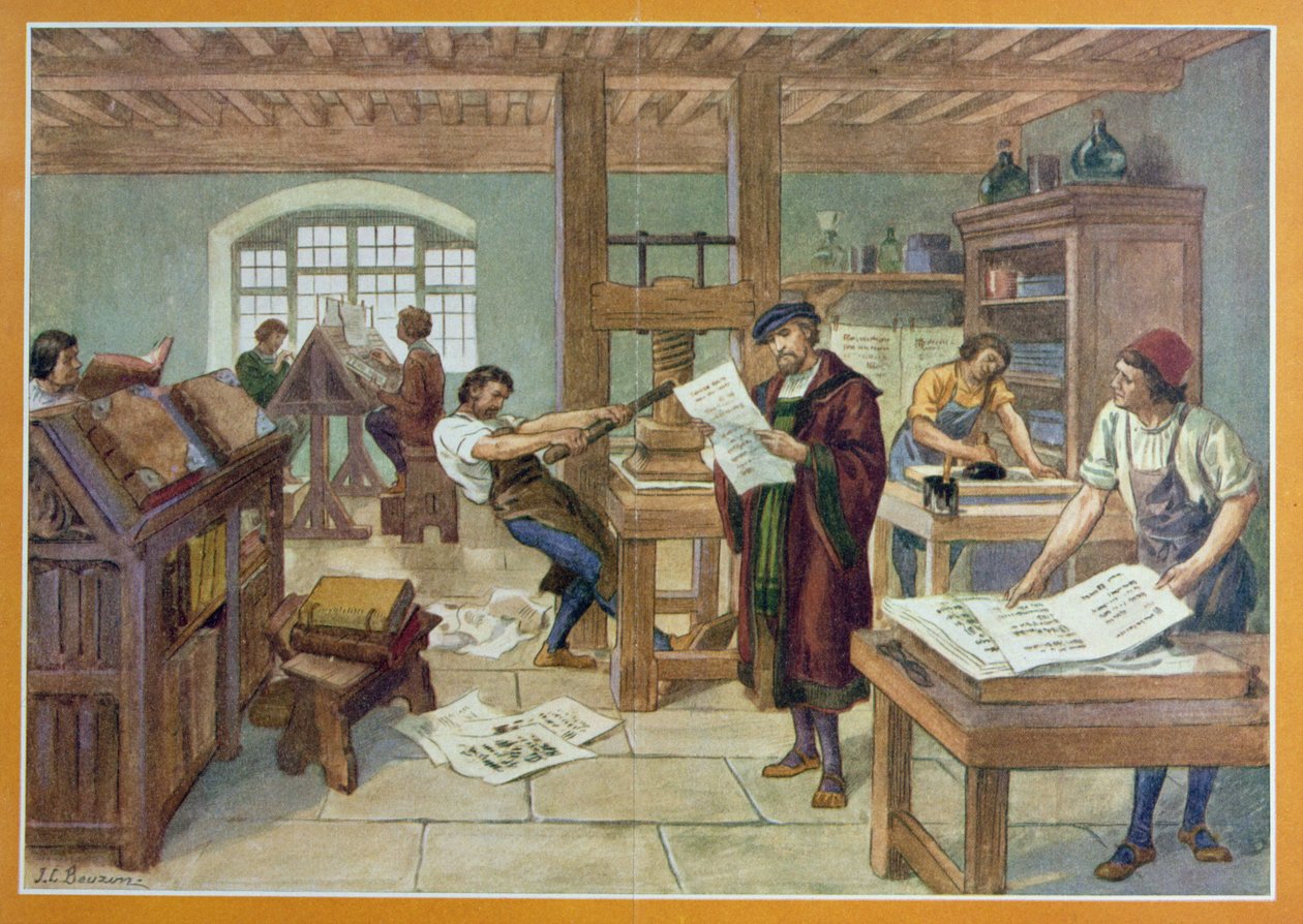 A Invenção de Gutenberg da impressão de tipos móveis, ilustração do 