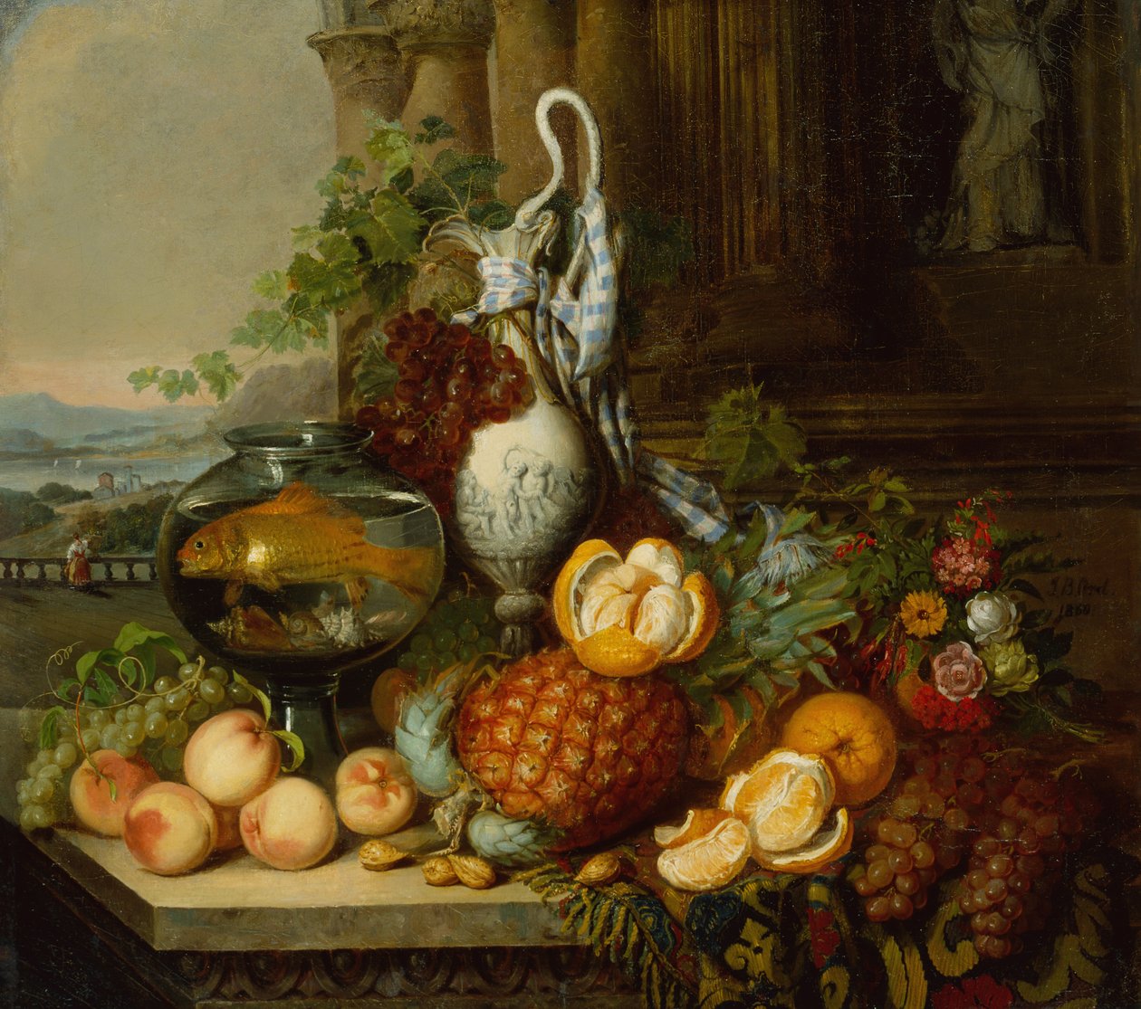 Natureza Morta com Fruta, Arco de Peixe e Paisagem de Joseph Biays Ord