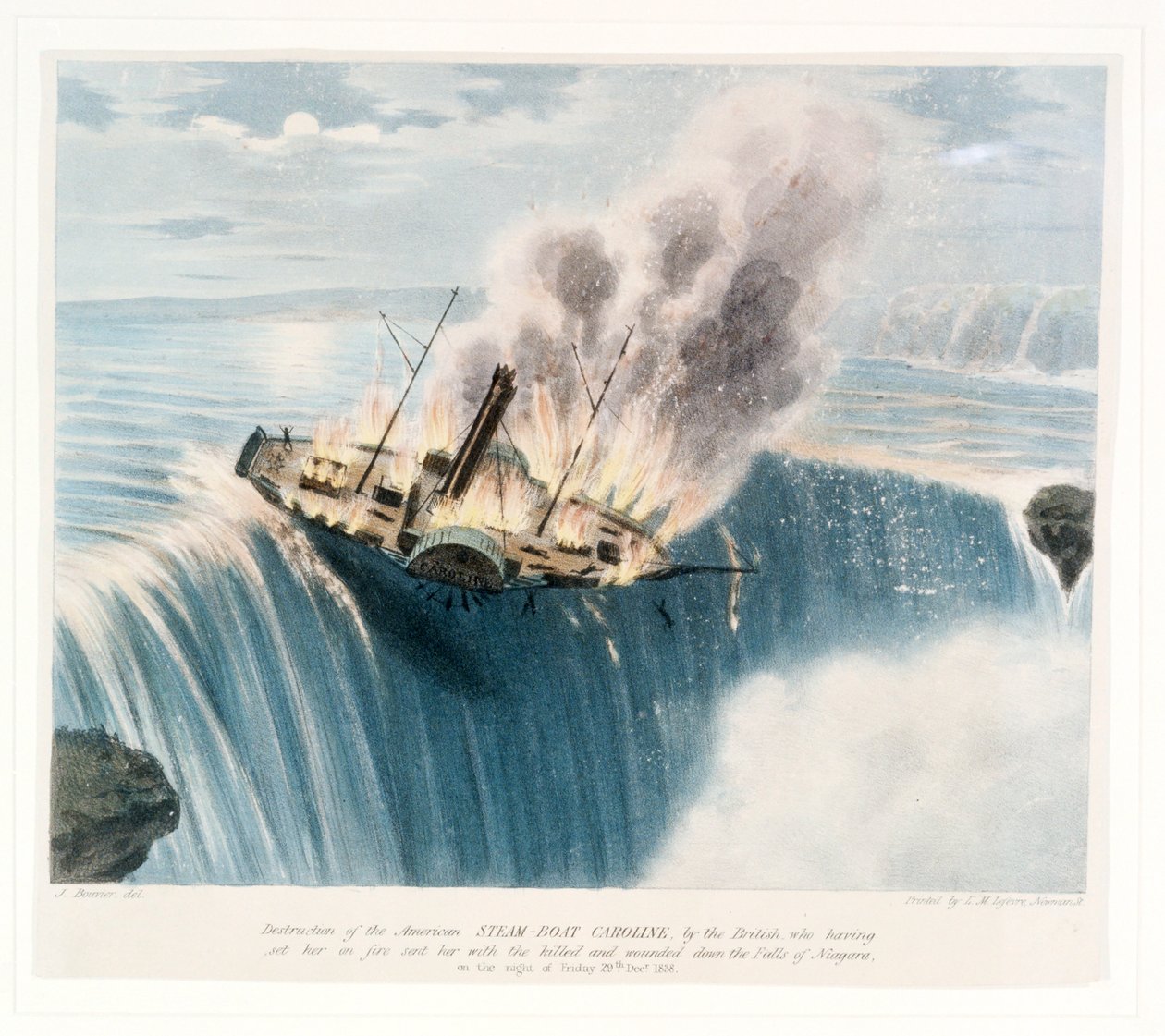 Destruição do barco a vapor americano Caroline pelos britânicos, que, depois de o terem incendiado, o enviaram com os mortos e feridos para as cataratas do Niágara, na noite de sexta-feira, 29 de dezembro. 1838 de Joseph Bouvier