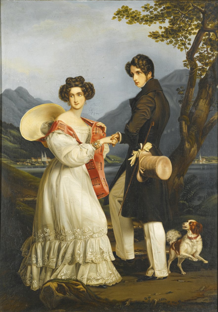 Duque Maximilian Joseph na Baviera e Ludovika da Baviera em Schloss Tegernsee de Joseph Carl Stieler