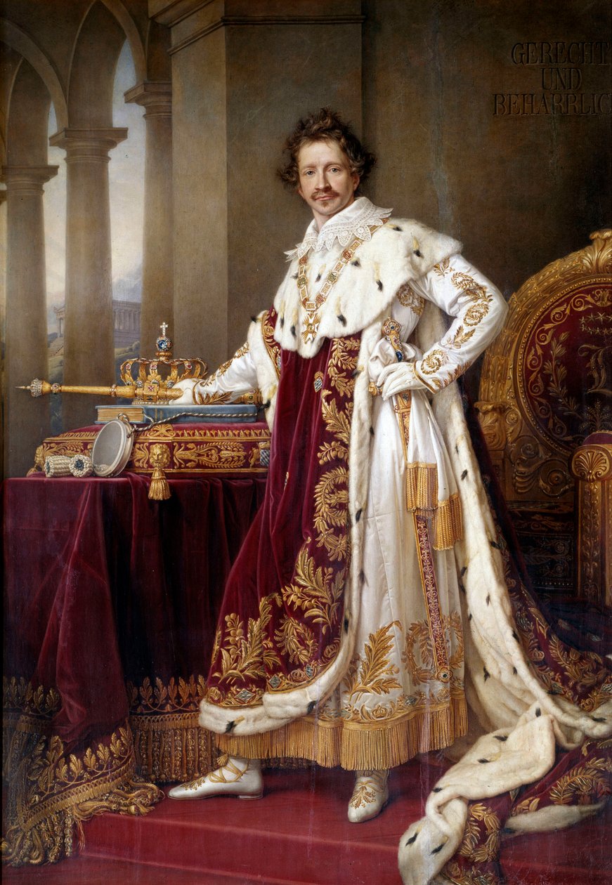 Portrait en pied de Louis I de Baviere (1786-1868) en figurino de corre Painting by Joseph Karl Stieler (1781-1858) (ec.all.) 1826 Sun. 1,44x2,71 m Munique. Neue Pinakothek - Retrato de Ludwig I da Baviera (1786-1868) em Vestidos de Coroação. Pintura de Jo de Joseph Carl Stieler