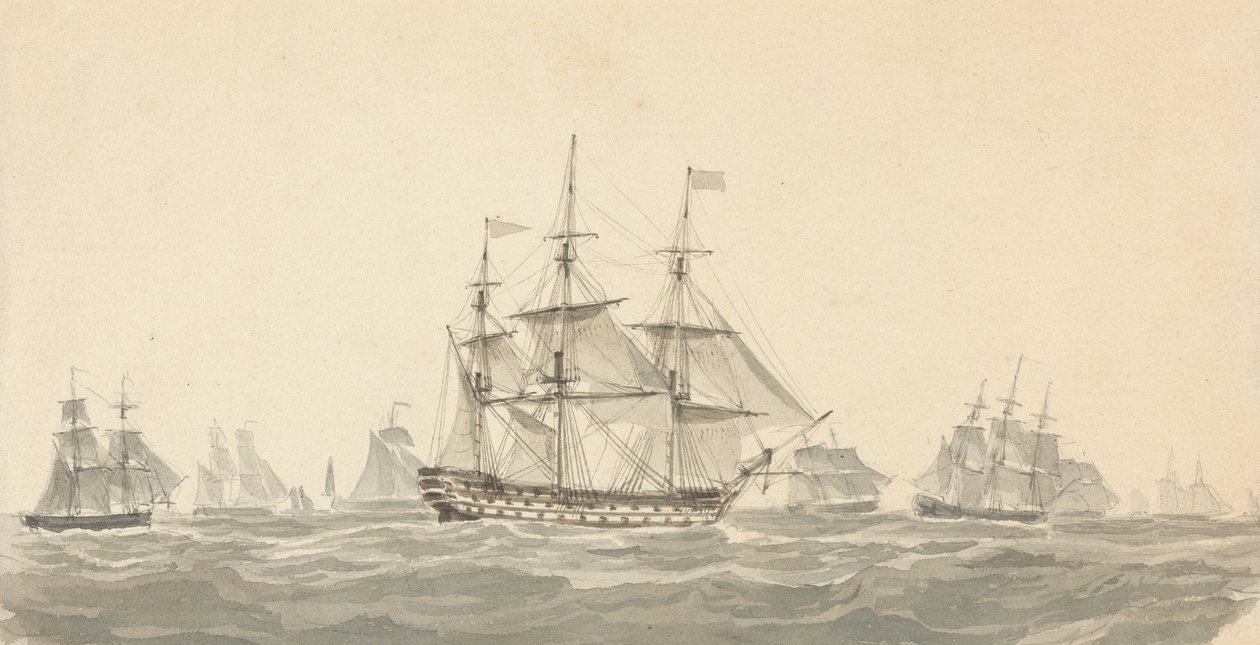 Vista lateral do navio de guerra rodeado por vários outros em mares pesados de Joseph Cartwright