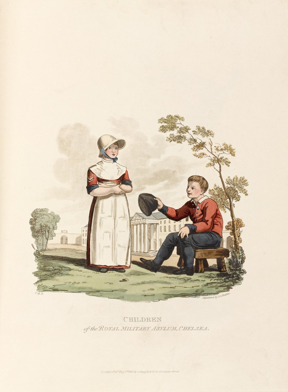 Filhos do Asilo Militar Real, Chelsea, 1813 (aquatinta colorida) de Joseph Constantine Stadler
