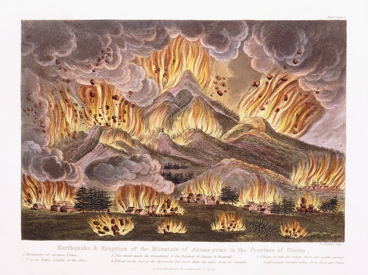 Terremoto e erupção da montanha Asama-yama, na província de Sinano, 1822 de Joseph Constantine Stadler