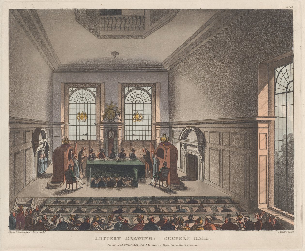 Sorteio da loteria, Coopers Hall, 1º de fevereiro de 1809., 1º de fevereiro de 1809. de Joseph Constantine Stadler