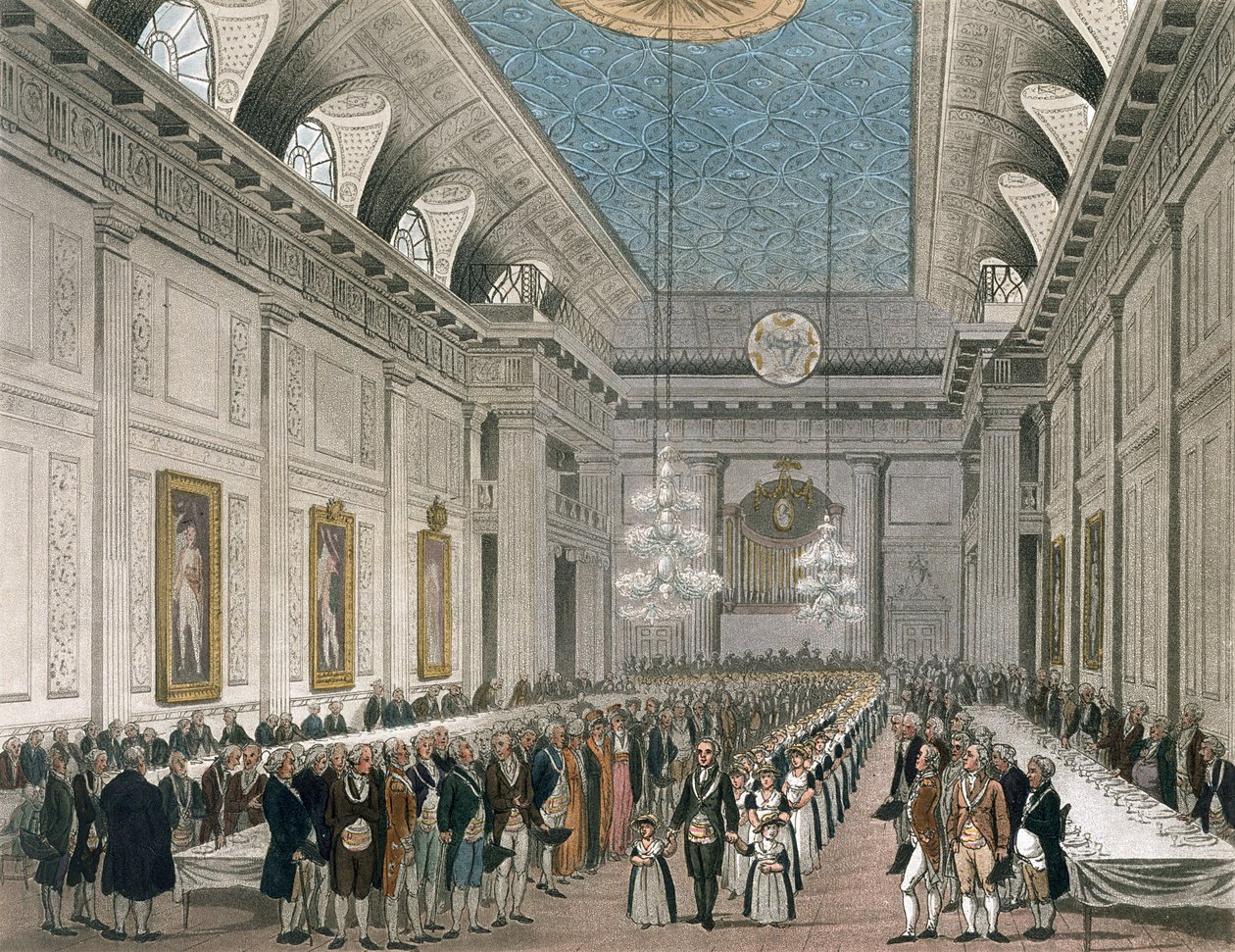 A Procissão no Pavilhão dos Maçons, Queen Street, por ocasião do Jantar Anual para as moças assistidas pela Ordem, do Microcosmo de Londres de Ackermann (litografia colorida) de Joseph Constantine Stadler