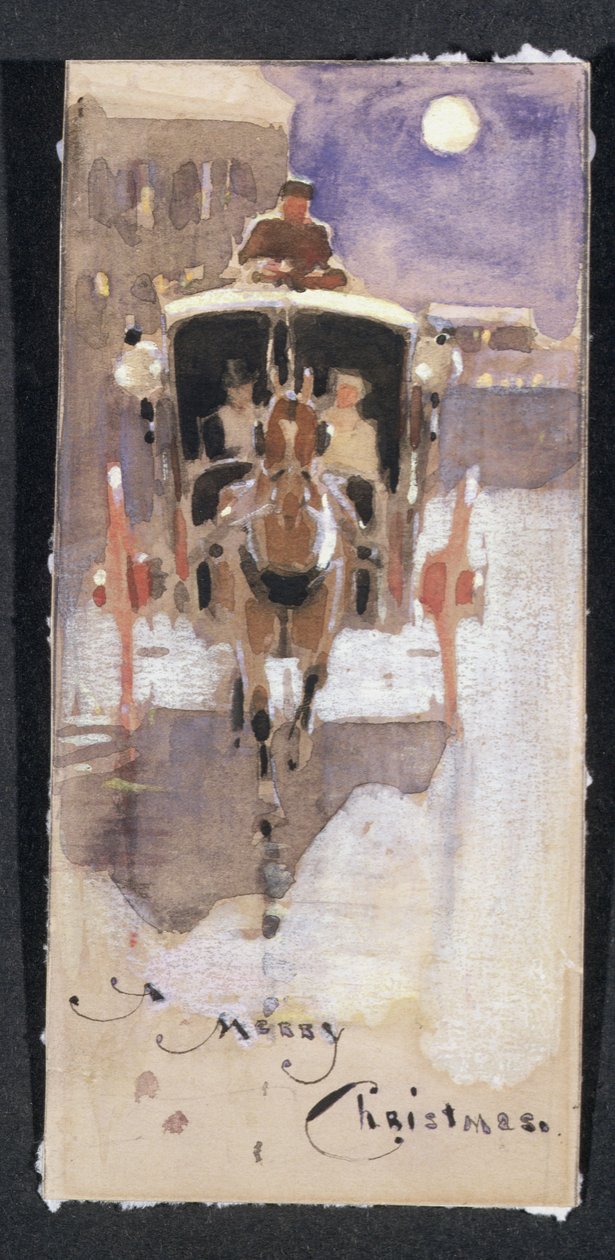 Cartão de Natal com um Hansom Cab (wc aumentado com giz branco sobre papel) de Joseph Crawhall