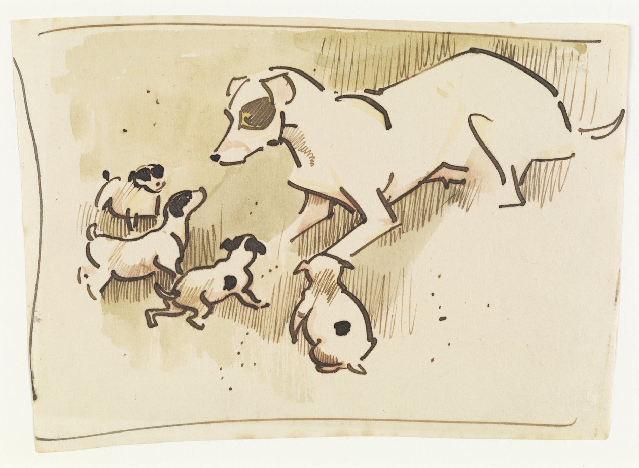 Fox Terrier e cachorros (caneta e lavagem sobre papel) de Joseph Crawhall