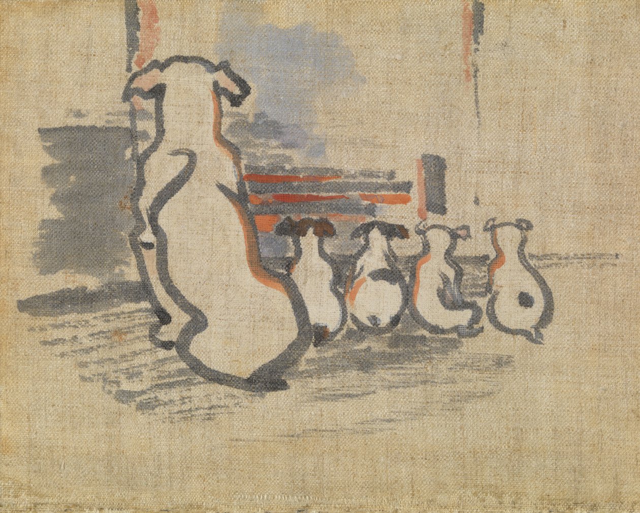 Foxhound e cachorros (guache sobre linho) de Joseph Crawhall