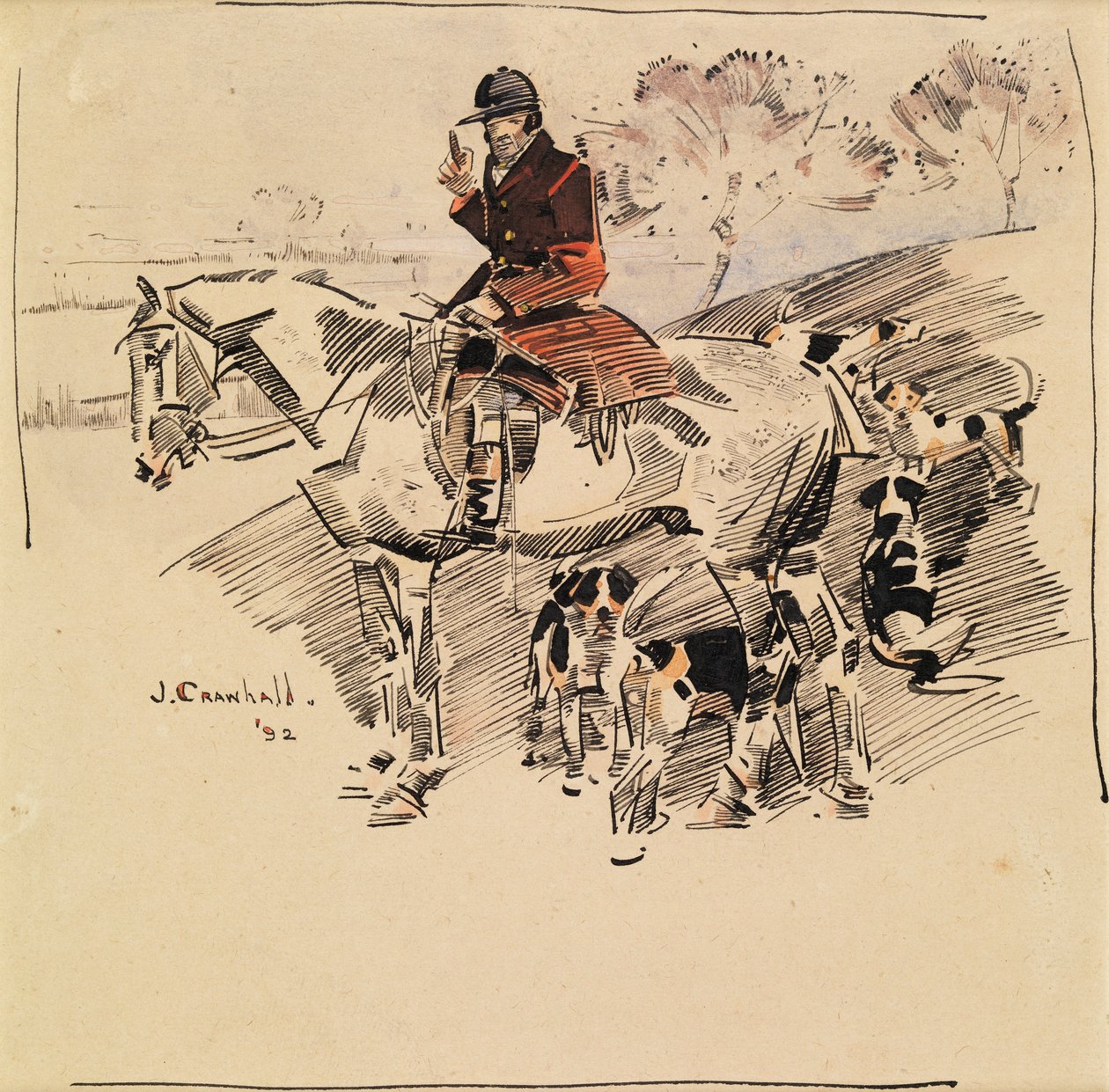 Caçador a cavalo e cães de caça de Joseph Crawhall