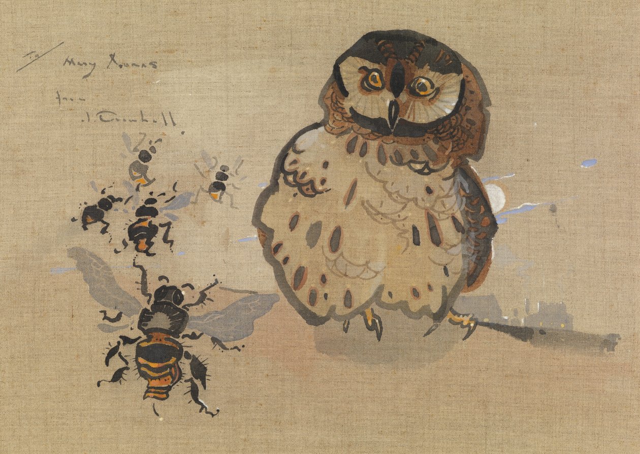 Coruja e abelhas (guache sobre linho) de Joseph Crawhall