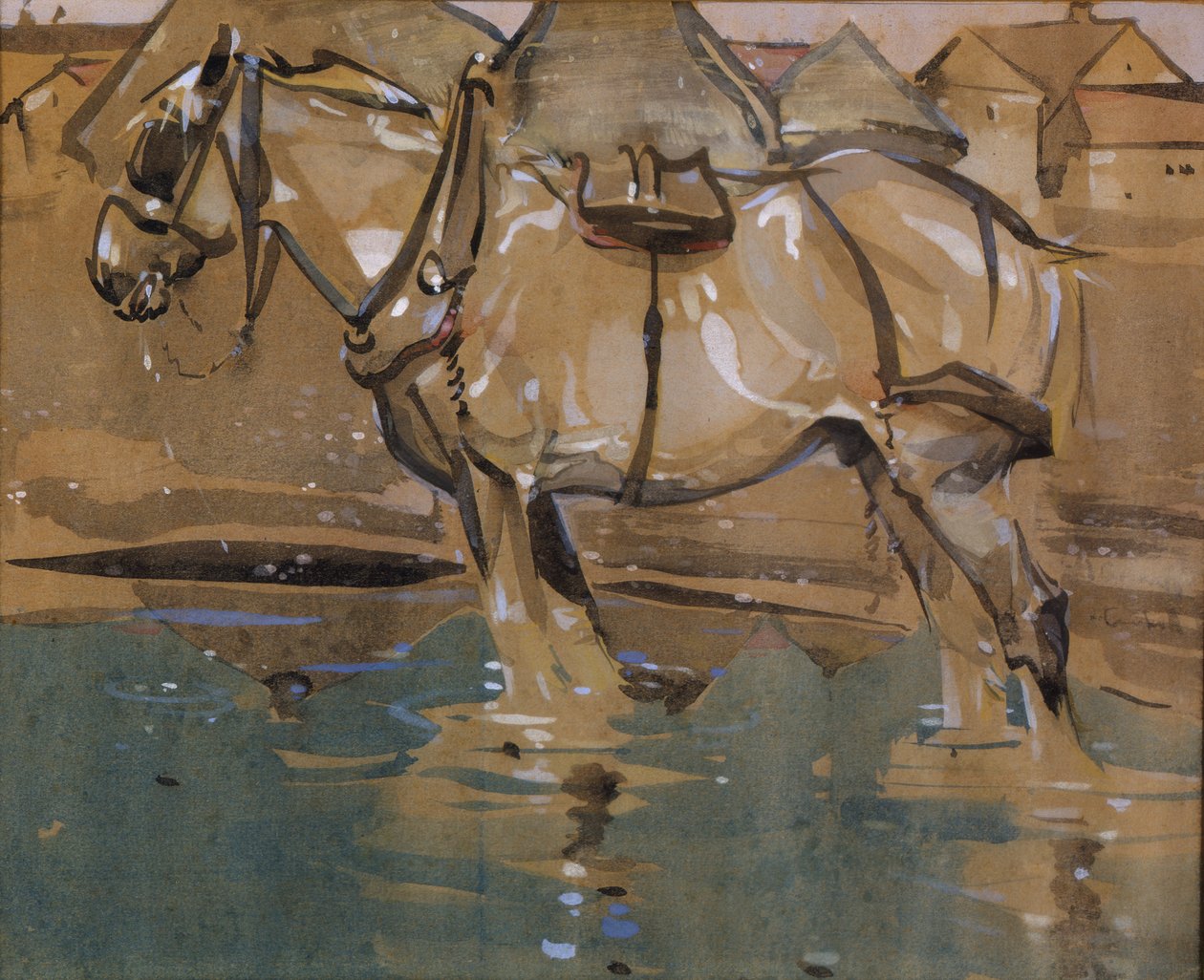 The Drinking Pool (wc e guache sobre papel) de Joseph Crawhall